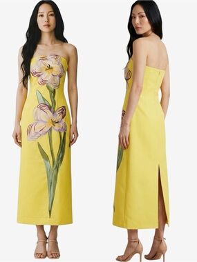 DALIA MACPHEE Women’s Rayna Yellow Iris 3D Floral Appliqué Strapless Midi Dress